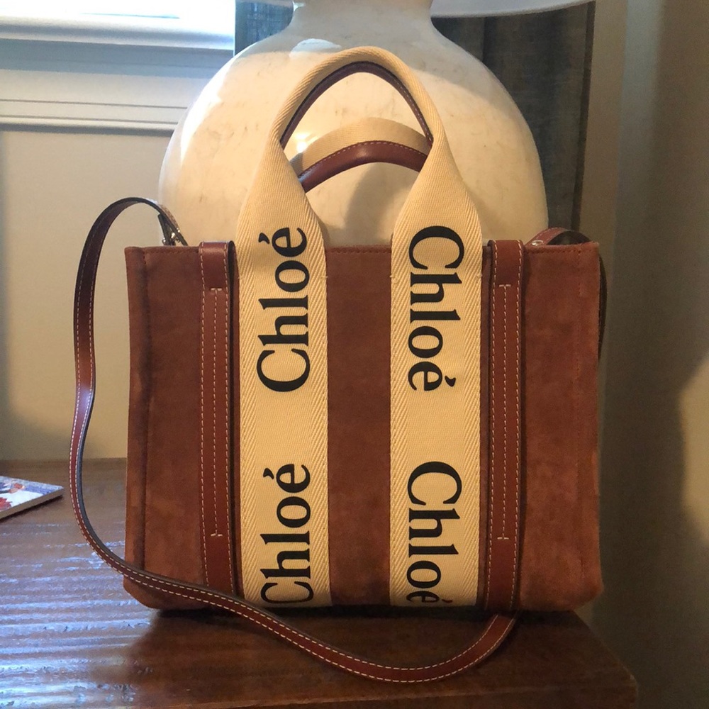 Chloe Small Woody Tote with strap- brown suede